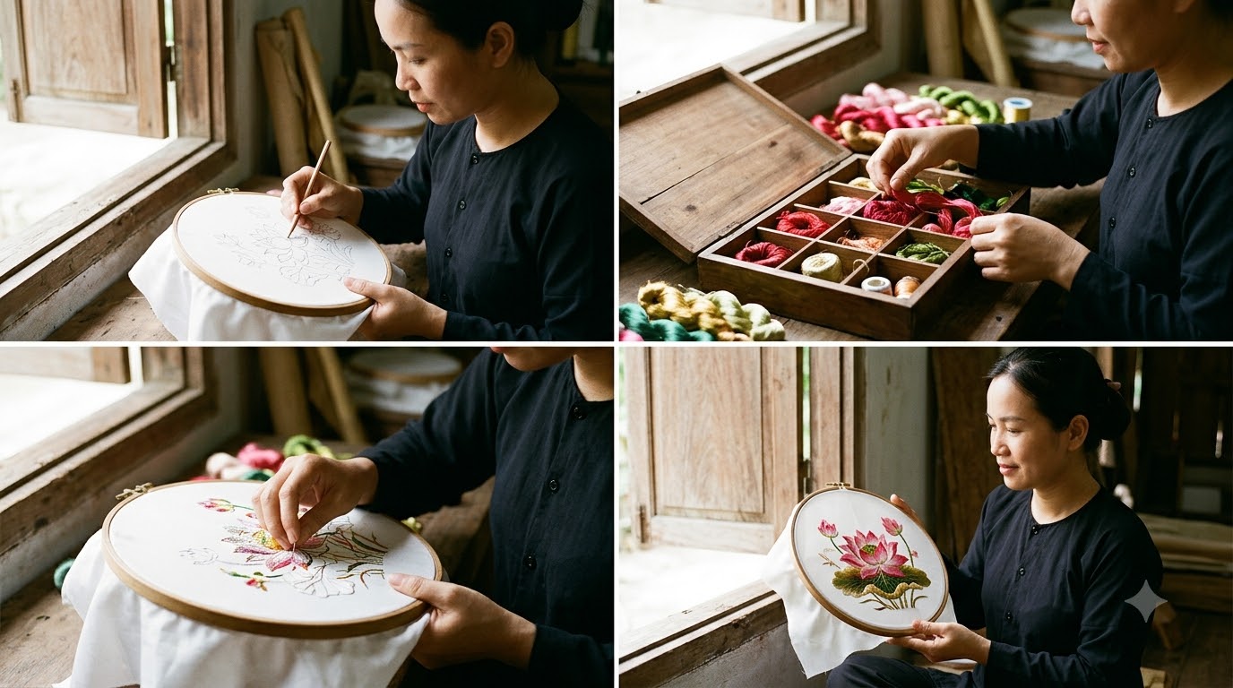 Bí quyết và vai trò của nghệ nhân thêu tranh Bí quyết và vai trò của nghệ nhân thêu tranh