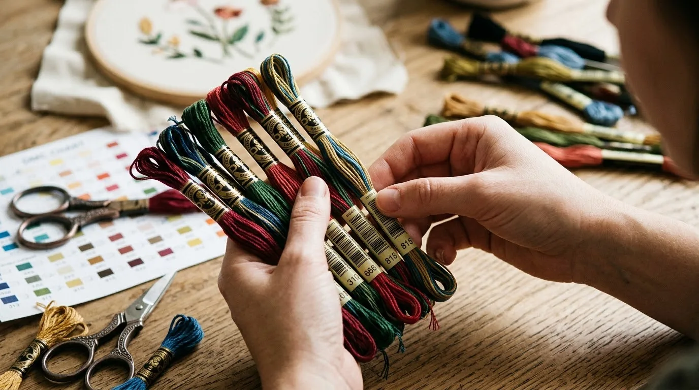 Thao tác kéo rút đầu chỉ DMC từ phía đuôi tép chỉ không bị rối