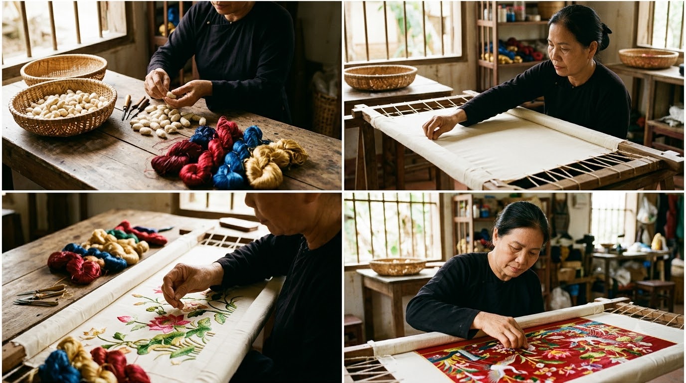 Thời gian thêu và chi phí của hai chất liệu Thời gian và chi phí làm tranh thêu tơ tằm, tranh thêu chỉ cotton phụ thuộc vào thiết kế và kỹ thuật