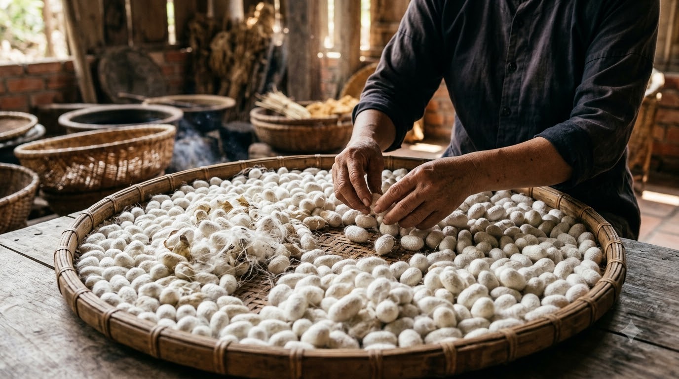 Hiệu ứng thẩm mỹ của chỉ tơ tằm và cotton Bề mặt tranh thêu tơ tằm và chỉ cotton thể hiện khác biệt về độ bóng, hướng sợi và chuyển sắc